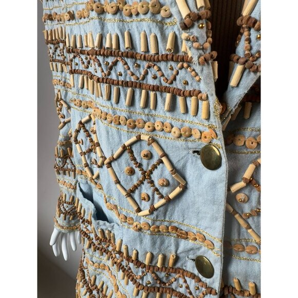 Sandy Starkman Chambray Embroidered Wood Beaded Cotton Jacket Vintage Size Large - Picture 15 of 16